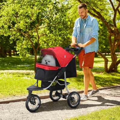 PawHut Pet Stroller for Small Dogs, 3 Rubber Wheels, One-click Easy Folding All-Terrain Dog Stroller, Adjustable Canopy, Zippered Mesh Window Door, Storage Basket, Red