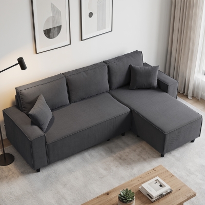 HOMCOM Corner Sofa with Changeable Chaise, Corduroy L-Shaped Sectional Sofa with Pocket Spring, 2 Pillows, Charcoal Grey