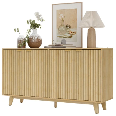 HOMCOM Fluted Sideboard Buffet Cabinet, 55" Coffee Bar Cabinet with 4 Doors, 2 Adjustable Shelves, 5 Wood Legs, Nature Wood