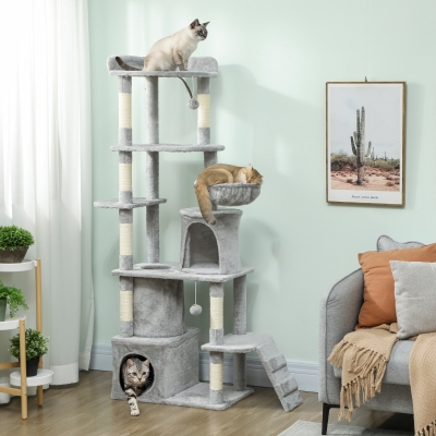PawHut 67" Large Cat Tree with 7 Scratching Posts, Tunnel, 2 Condos, Hammock, Perch, Ramp, Pompoms, Light Grey