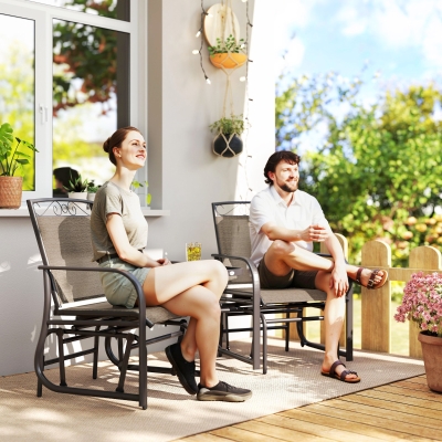Outsunny Outdoor Glider Bench with Coffee Table, Patio 2-Seat Rocking Chair Swing Loveseat with Breathable Sling for Backyard Garden Porch, Brown