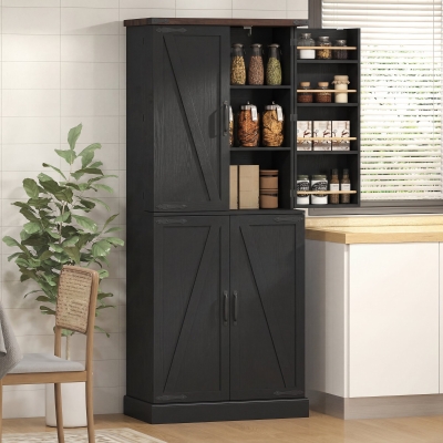 HOMCOM 72" Tall Kitchen Pantry Cabinet, Farmhouse Storage Cabinet with 8 Door Racks and Adjustable Shelves, Black
