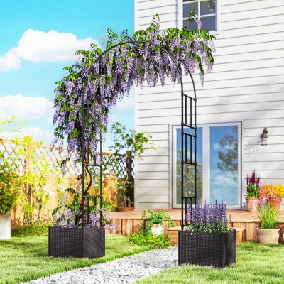 Outsunny 8ft Garden Arch with Two Planters Outdoor Steel Trellis Arbor for Climbing Plants, Weddings, Party, Brown, Black