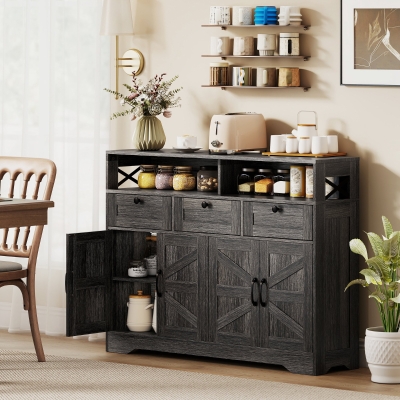 HOMCOM Sideboard, Buffet Cabinet with 4 Barn Doors and 3 Drawers, Coffee Bar Cabinet with Adjustable Shelves, Dark Brown