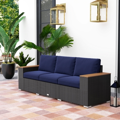 Outsunny 3-Seater Outdoor Sofa Couch, PE Wicker Patio Sofa with Cushions, Wood Grain Armrests, Dark Blue