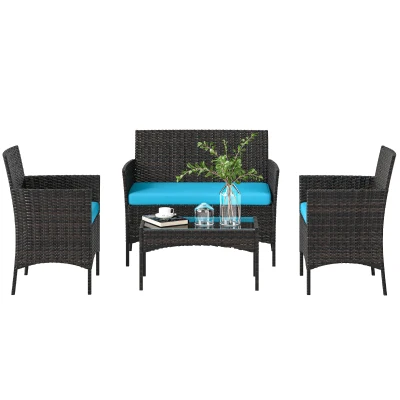 Outsunny 4 Pieces Wicker Outdoor Balcony Furniture Set Rattan Patio Furniture Set with Loveseat Chairs Glass Coffee Table Turquoise