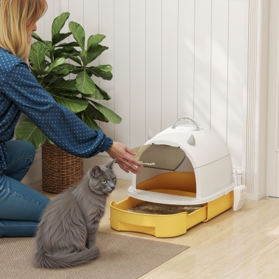 PawHut Cat Litter Box with Lid, Front Door Flap, Scoop, Handle, Easy Clean, for Small and Medium Cats, Yellow