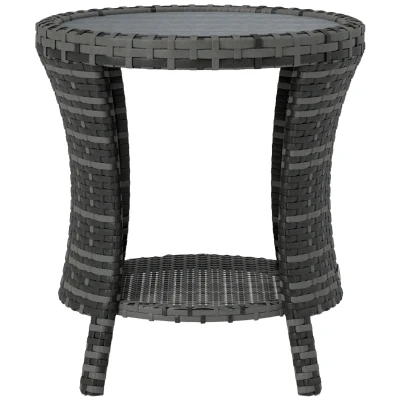 Outsunny 18" Wicker Outdoor Coffee Table, PE Rattan Patio Side Table with 2-Tier Storage, Composite Wood Top, Grey