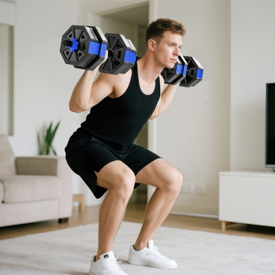 Soozier 6-in-1 Adjustable Dumbbell Set, Used as Kettlebell, Barbell, Dumbbell, Push-Up Stand, 44lbs Free Weights Set, Blue