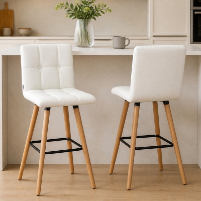 HOMCOM Modern Bar Stools Set of 2, 38" Upholstered Kitchen Island Stool with Solid Wood Legs, White