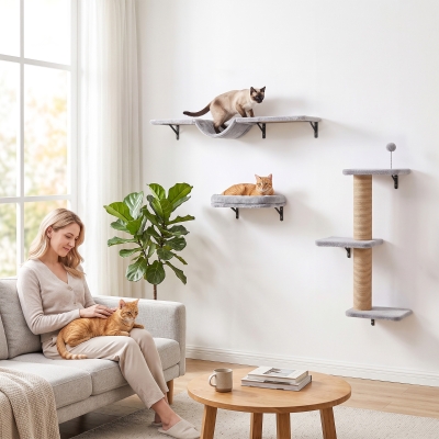 PawHut Cat Wall Shelves, 3-in-1 Wall-Mounted Cat Climber Set w/ Bed, Platforms, Hammock, Scratching Posts and Spring Ball