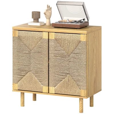 HOMCOM Handwoven Rope Accent Cabinet Boho Sideboard Buffet Cabinet with Push to Open Doors Adjustable Shelf Pine Wood Legs Oak