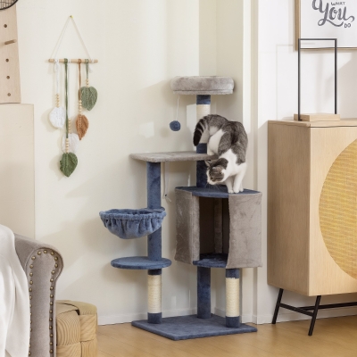 PawHut 48" Modern Cat Tree with Condo, Hammock, Perch, Sisal Scratching Posts, Toy Ball, for Indoor Cats, Blue and Grey
