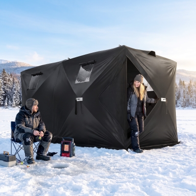 Outsunny 4 Person Pop-Up Ice Fishing Tent, Portable Ice Fishing Shelter With 4 Detachable Windows, Black