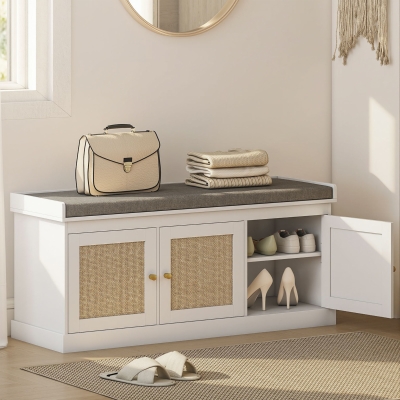 HOMCOM Shoe Storage Bench with Woven Rattan Doors, Shoe Bench with Cushion, Adjustable Shelves, Entryway Bench, White