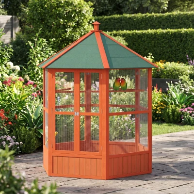 PawHut 69" Wooden Hexagonal Outdoor Bird Cage, Brown
