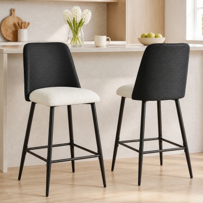 HOMCOM Bar Stools Set of 2, 26" Counter Height Bar Stools with PU Backrest, Linen-look Fabric Seat, Black
