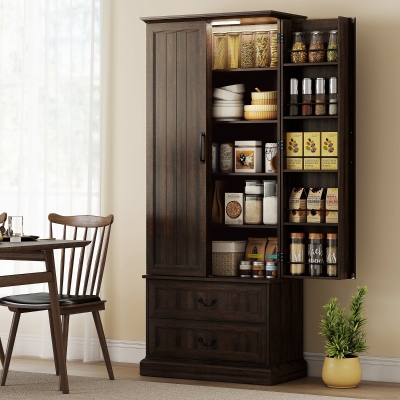 HOMCOM 72" LED Kitchen Pantry Cabinet, Buffet Storage Cabinet with 10 Door Shelves, 2 Drawers and Adjustable Shelves, Brown