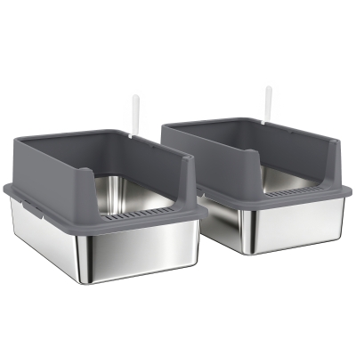 PawHut 2 Pack XL Stainless Steel Litter Box with Scoops, High Sided, for Big and Multiple Cats, Anti-Urine Leakage