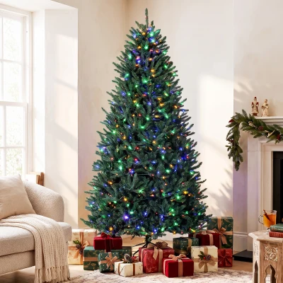 HOMCOM 9ft Prelit Christmas Tree, Blue Spruce, Multi-Color LED Lights