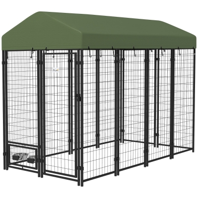 PawHut Outdoor Dog Kennel with Rotating Bowl Holders, Pet Playpen with Waterproof Cover, 8' x 4' x 6', Green