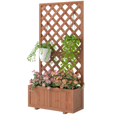 Outsunny 2.4 x 1 x 4.9 ft Garden Wooden Pine Trough Planter with Topped Trellis Climbing Plants Flower Raised Bed, Orange