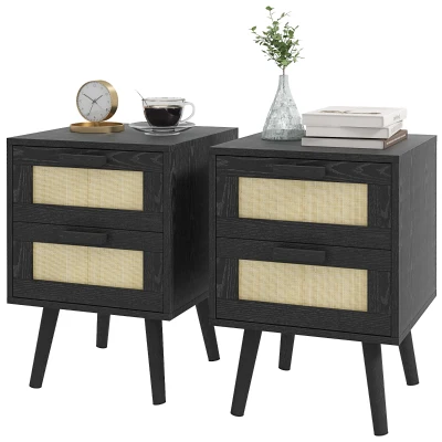 HOMCOM Boho Nightstands Set of 2, Bedside Tables with 2 Drawers for Living Room, Bedroom, Black