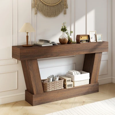 HOMCOM 63" Vintage Console Table, Narrow Entryway Shelf, Brown