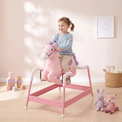Qaba Kids Pink Plush Rocking Horse with Sounds, Ride-On Toy 3+