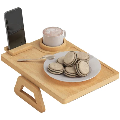 HOMCOM Couch Arm Tray, Clip-On Side Table with 360° Rotating Phone Holder and Removable Cup Holder, Natural