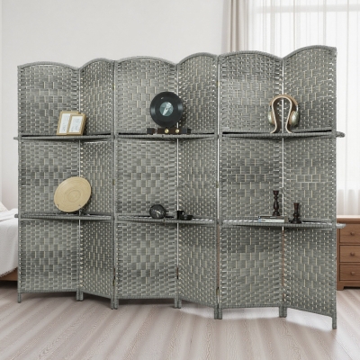 HOMCOM 6 FT Privacy Screen, 6 Panel Room Divider with Shelves for Living Room Bedroom Home Office, Grey
