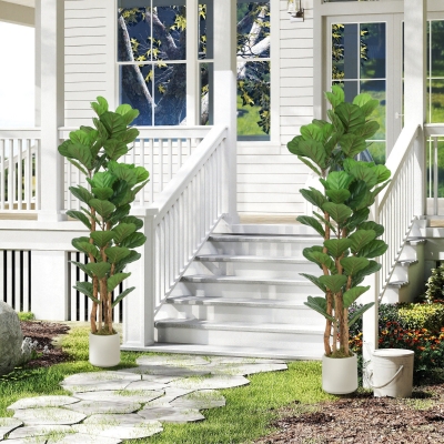 HOMCOM 5FT Artificial Fiddle Leaf Fig Tree Set of 2, Fake Potted Tree with Solid Wood Trunks for Indoor Decor, Green