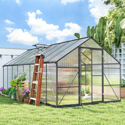 Outsunny Polycarbonate Greenhouse, Walk-in Green House with Two Top Windows, Rain Gutter and Swing Door, 8' x 16' x 7', Dark Grey
