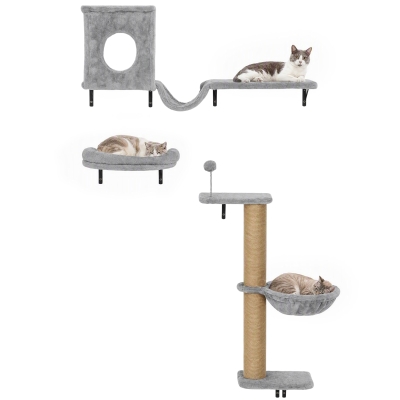 PawHut 3-in-1 Cat Wall Shelves with Condo, Bed, Hammock, Gray