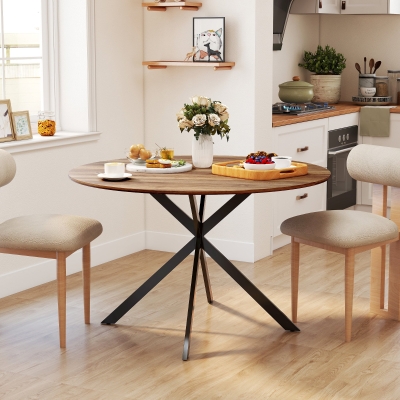 HOMCOM 47" Round Kitchen Table for 4, Industrial Dining Table with Steel Legs for Dining Room, Dark Brown and Black