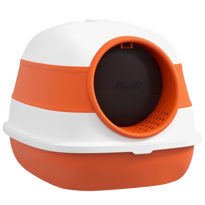 PawHut Dome Cat Litter Box with Lid, White & Orange