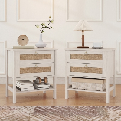 HOMCOM Set of 2 Boho Bedside Tables, Rattan Nightstands with 2 Drawers, Storage Shelf, End Side Tables for Bedroom, White Oak