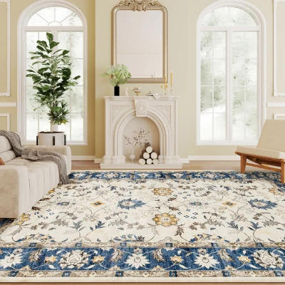 HOMCOM 8x10 Boho Floral Area Rug, Non-Slip Carpet, Blue