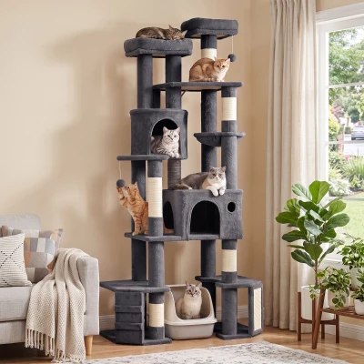 PawHut 79" Extra Large Cat Tree Tower Dual Baseboard, Dark Gray