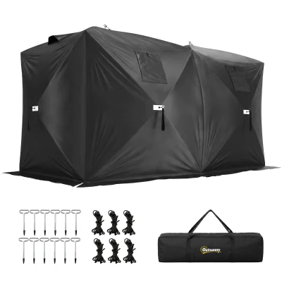 Outsunny 4 Person Pop-Up Ice Fishing Tent, Portable Ice Fishing Shelter With 4 Detachable Windows, Black