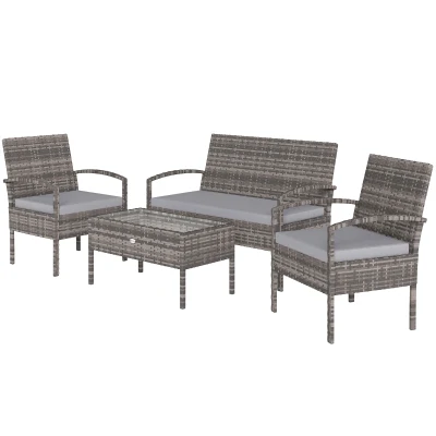 Outsunny 4 Pieces Patio Furniture Set with A Loveseat, Two Armchairs and A Coffee Table, Outdoor Conversation Set, Light Grey