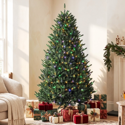 HOMCOM 7.5ft Prelit Christmas Tree, Colorado Blue Spruce, Easy Plug, Hinged Xmas Tree with Warm White & Multi-Colour LEDs