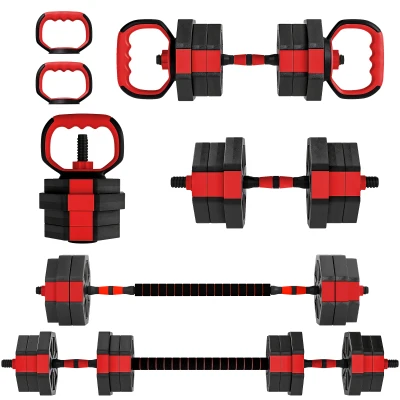 Soozier 6-in-1 Adjustable Dumbbell Set, Used as Kettlebell, Barbell, Dumbbell, Push-Up Stand, 44lbs Free Weights Set, Red
