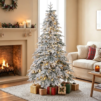 HOMCOM 6ft Prelit Flocked Christmas Tree, Downswept Hinged Xmas Tree with LED Lights, 8 Modes, Daily Timer, Remote