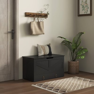 HOMCOM 31.5 Inches Storage Chest, Storage Trunk with 2 Safety Hinges for Living Room, Black Wood Grain