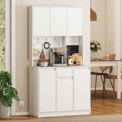 HOMCOM 71" Pantry Cabinet with Charging Station, Kitchen Storage Cabinet with Microwave Stand, Pegboard, 6 S-hooks, White