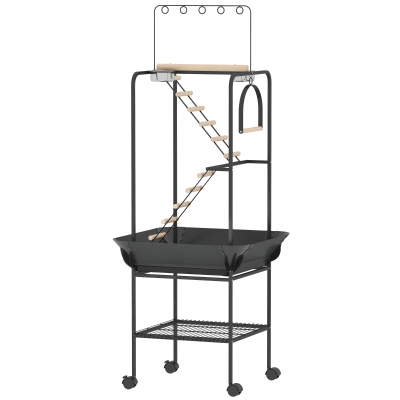 PawHut 64"H Rolling Bird Playground Parrot Stand with Seed Guard & Wheels, Ladders, Swing, Toy Hook & Bowls