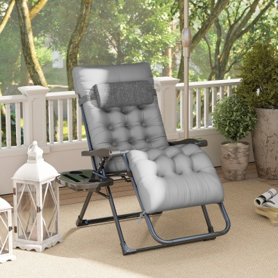 Outsunny Padded Folding Recliner Chair, Patio Lounger with Cupholder, Adjustable Backrest, Removable Cushion, Grey