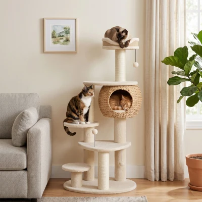 PawHut 52" Cat Tree Tower with Cattail Condo, Bed, Scratching Posts