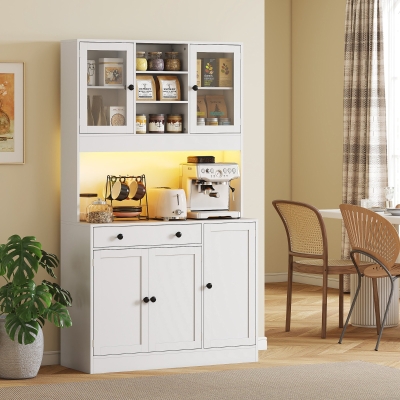 HOMCOM Tall Kitchen Pantry with LED Light, Freestanding Storage Cabinet with Hutch, Shelves, Drawer, Doors, White